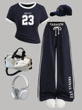 Kids Girls 2 Piece Sportswear Number 23 Print Ringer Crop T-shirt Elastic Waist Letter Wide Leg Sweatpants For Street Dance Dail