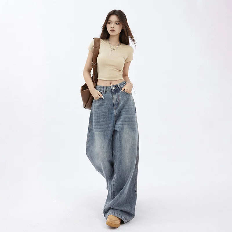 American Retro High Waist Wide Leg Draping Denim Jeans Women's Personality Straight Tube Long Pants 2025 New Style Casual Jeans