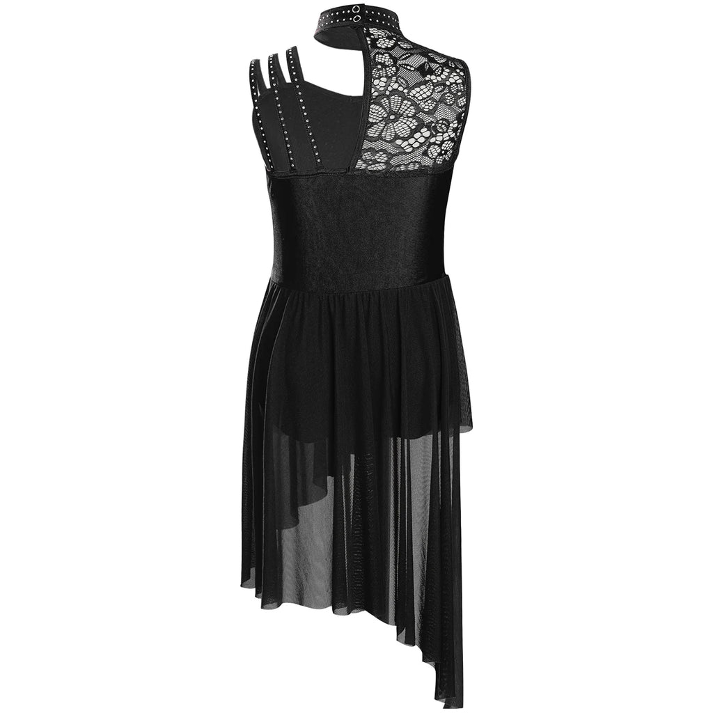 Kids Girls Ballet Lyrical Dance Dress Sleeveless Modern Contemporary Dancewear Floral Lace Rhinestones Gymnastics Leotard Dress