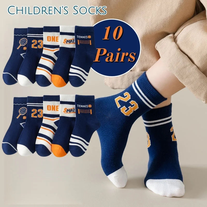 10 Pairs Boys Sports Crew Socks Soft Cotton Children Tennis Number Print Mid Calf Socks Breathable Kids School Daily Socks