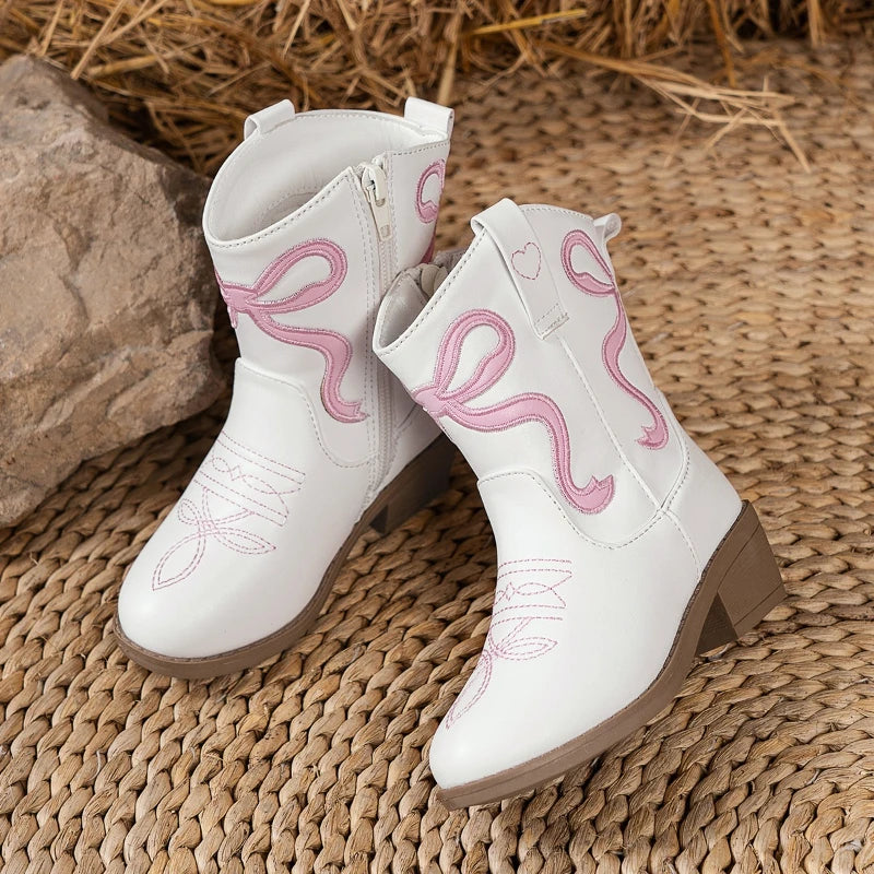 Kids Ankle Boots Kids White Western Cowboy Mid-calf Boots with Pink Embroidery Stylish Toddler Shoes Girls Princess Knight Boots
