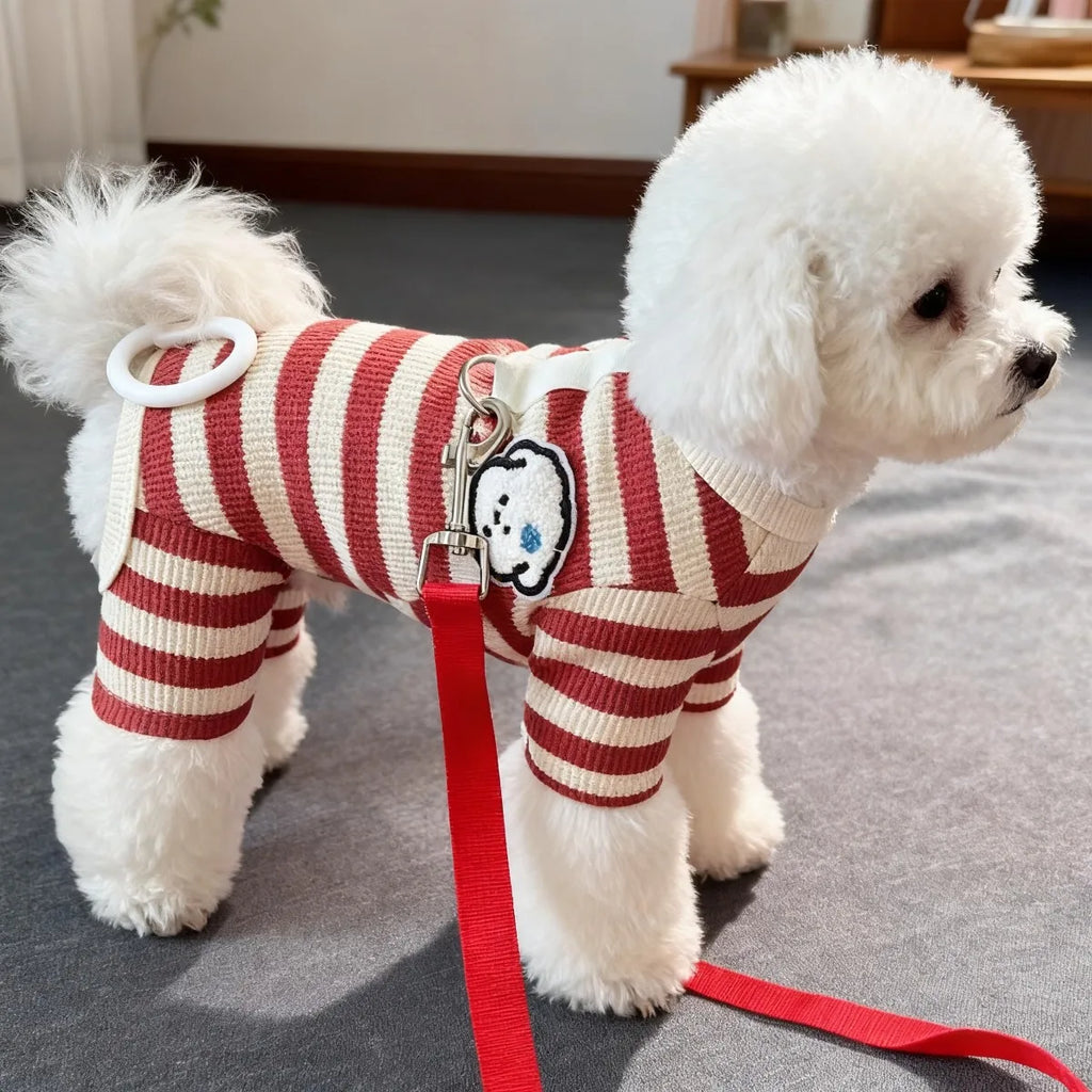 Pet Dog Clothing for Autumn and Winter, Suitable for Pulling Warm Striped Four Legged Small Puppies