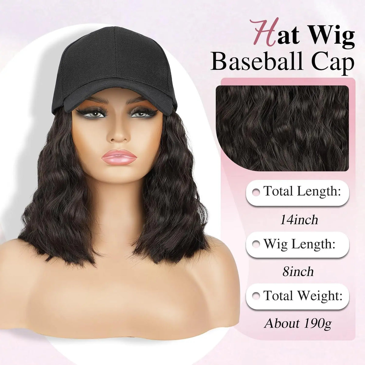 Hat Wig for Women Wig Cap with Curly Hair Extensions Hat with Hair Wave Adjustable Baseball Hat Synthetic Wigs