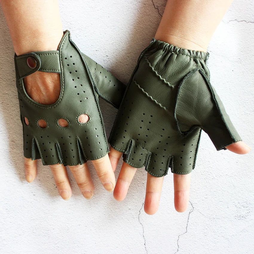 Men's Summer Driving Gloves Goat Leather Half Finger Thin Outdoor Sports Fashion Military Green Motorcycle Riding Outdoor Gear