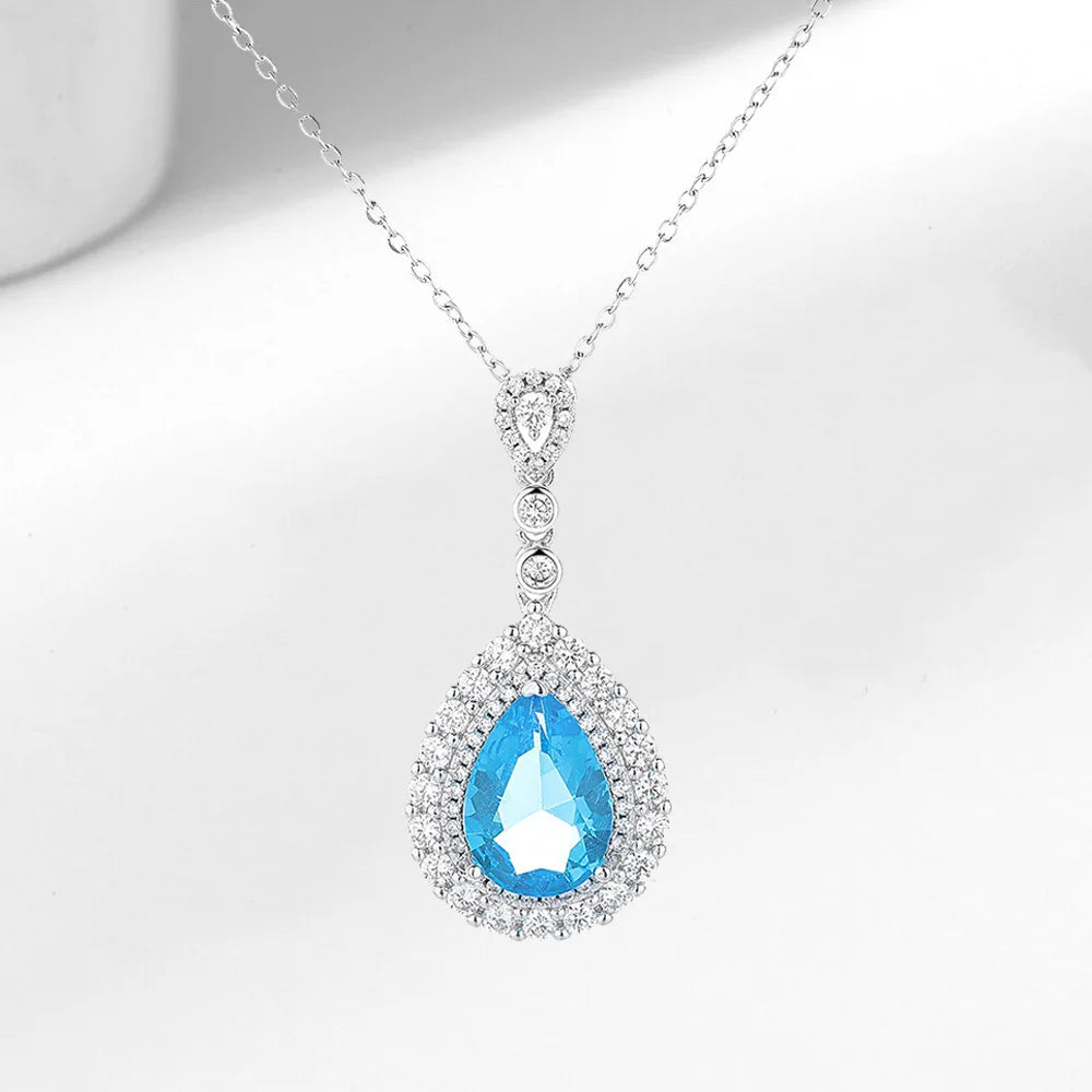 Women's Luxury Blue Water Drop Jewelry Set 925 Silver Cubic Zirconia Necklace Earrings Ring Bridal Wedding Party Jewelry Set