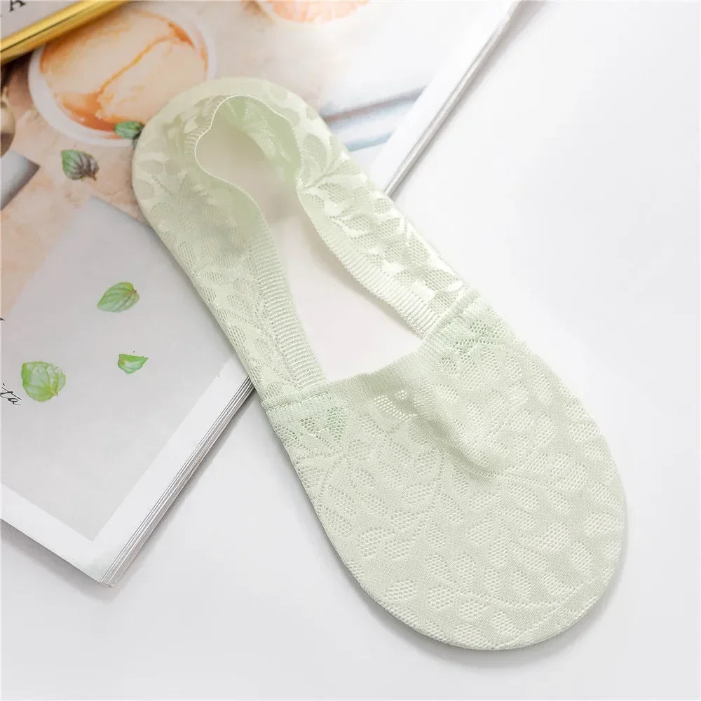 Women Invisible No Show Socks Hollow Out Mesh Lace Sock Slippers Socks Silicone Non-slip Summer Low Cut Ankle Boat Socks Women