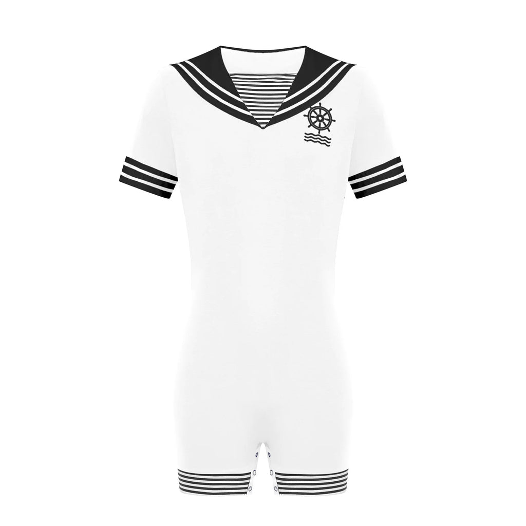 Men Adults Sailor Style Pajamas Bodysuit Navy Collar Short Sleeve Stretchy Comfortable Jumpsuit for Lounging Sleeping Home Wear