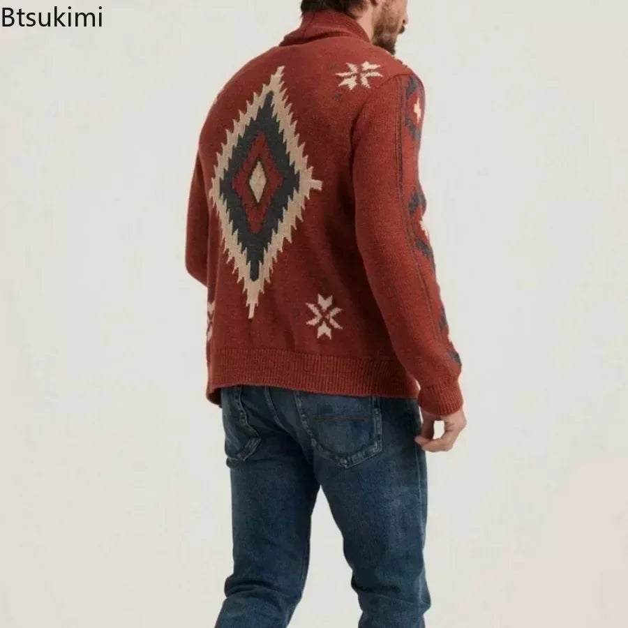 2026 Autumn/Winter Men's Sweaters Lapel Retro Jacquard Sweater Coats Man Knitted Cardigan Thicker Warm Sweater for Men's Jacket