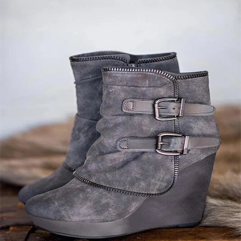 2026 New Women's Boots Zip Women's High Heels Suede Fashion Wedge Heels Durable Retro Women Ankle Boots Round Head Bottes Femmes