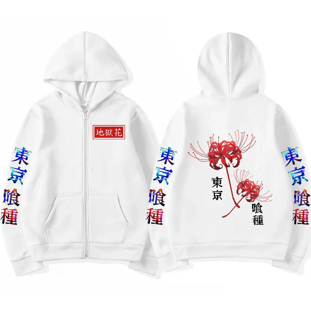Anime Tokyo Ghoul Spider Lily Zipper Hoodie Kanekiken Manga Graphic Print Hooded Zip Up Sweatshirts Oversize Men's Jackets Coats