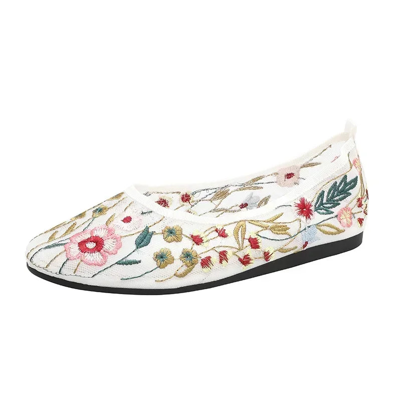 2025 Embroidery Flower Design Loafers Women Fashion Light Breathable Mesh Mules Flat Shoes Shallow Mouth Non Slip Ballet Shoes