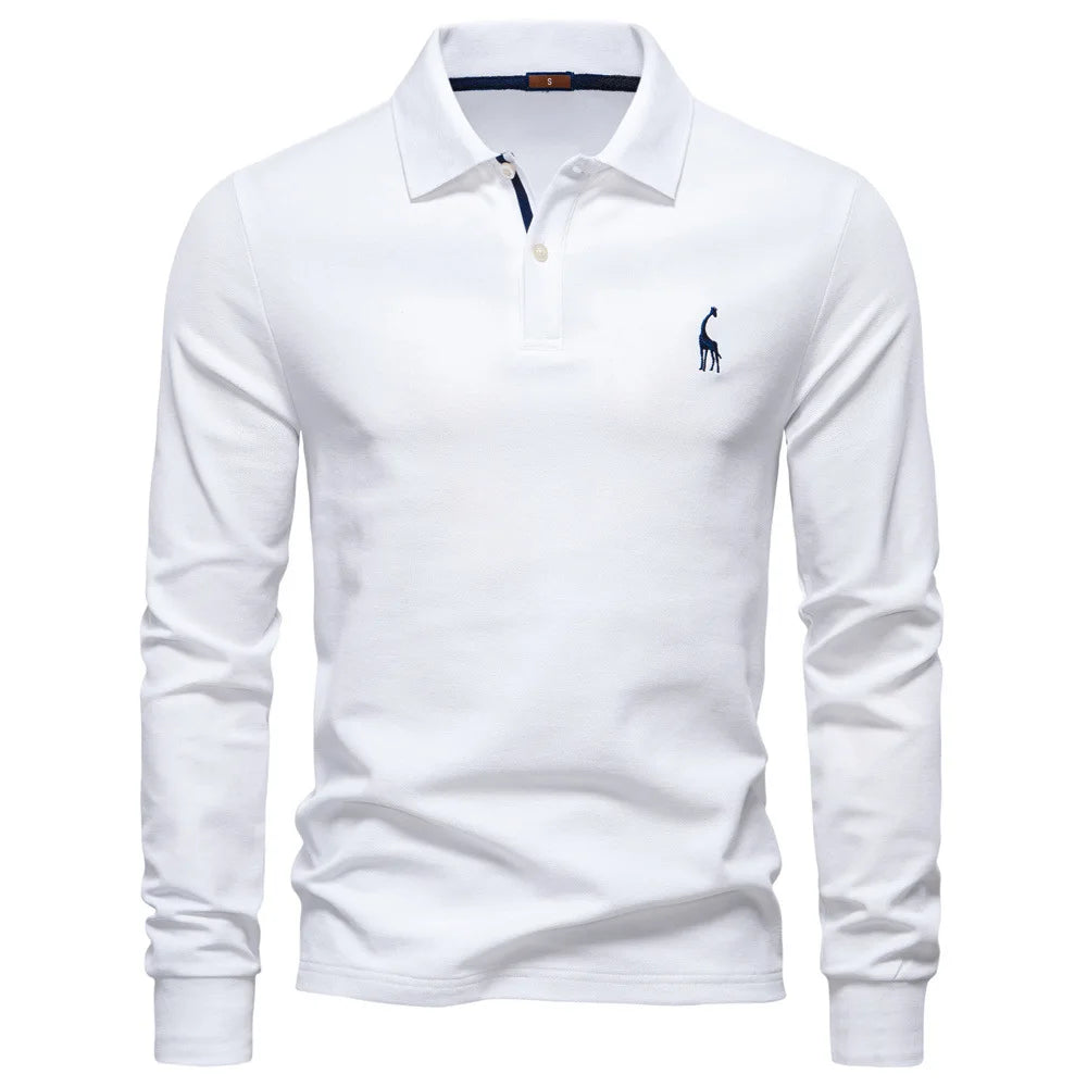 2025 Autumn New Men's Deer Embroidery Cotton Rich Blend Breathable Polo Shirts Long Sleeve Social Business Golf Polo Shirts Male