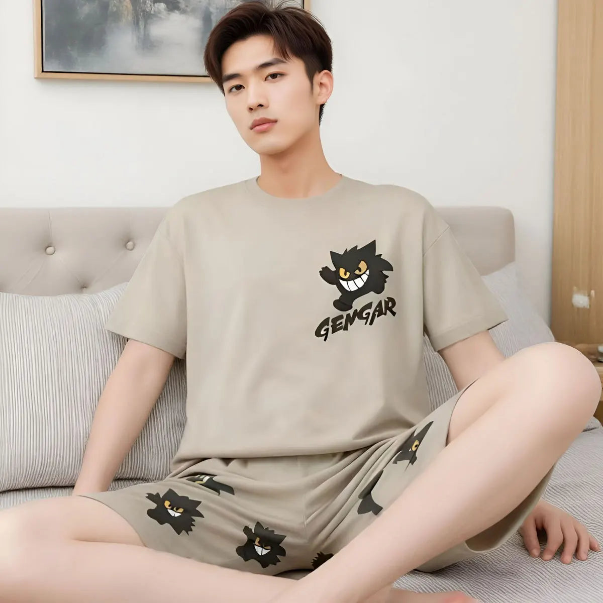 Men's short-sleeved pajama set with striped cartoon pattern - Boys' simple and casual home wear