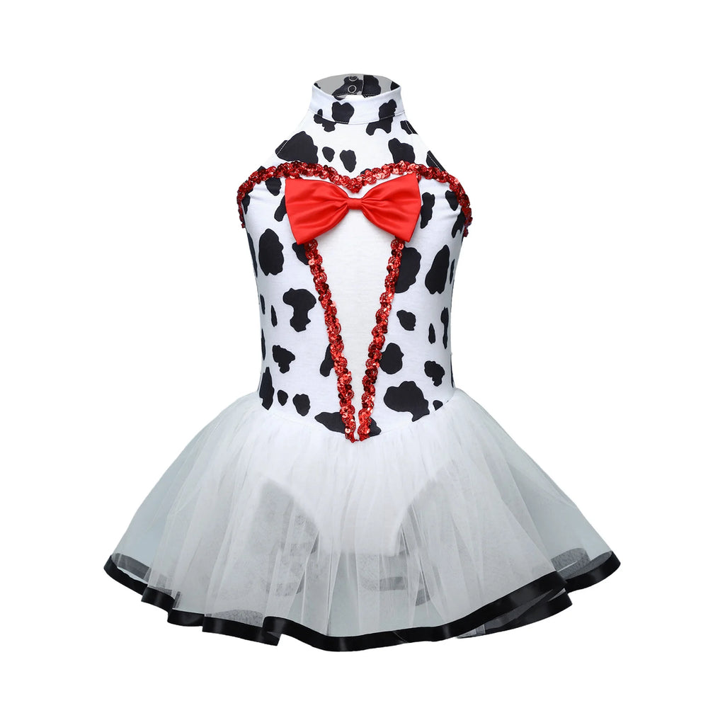 Dalmatian Costume for Kids Girls Sleeveless Sequin Bowknot Mesh Puffy Dress Halloween Black Spotted Ballet Leotard Dress Cosplay