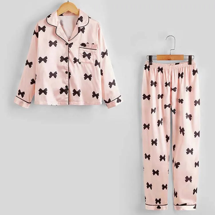 Autumn New Children's Pajama Set Imitation Silk Bow Printed Two-piece Pajamas Girls Solid Color Casual Long Sleeves Home Clothes