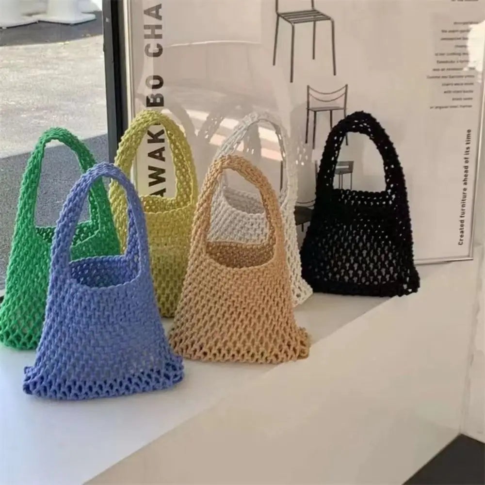 Personality Handmade Knitted Handbag Cotton Rope Hollowout Woven One-shoulder Pouch Large Capacity Colorful Underarm Bag Work