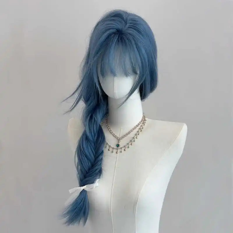 Long Straight Blue Grey Wig For Women Air Bangs Synthetic Hair Wig Natural Cool Tone Full Head Wig Daily Cosplay