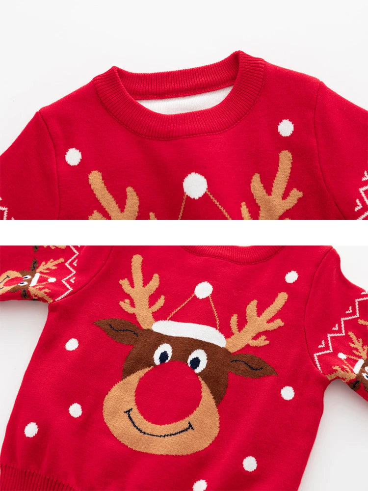 Winter Thickened Children's Sweater Boys And Girls Double Deer Jacquard Kid Sweater Knitted Red Christmas Decoration Clothing