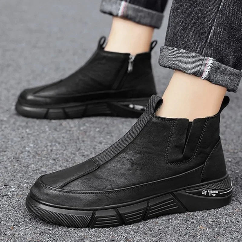 Men Sneakers Leather Shoes High-top Boots Anti-slip Wear-resistant Waterproof Motorcycle Men Safety Boot Chelsea Bota Masculina