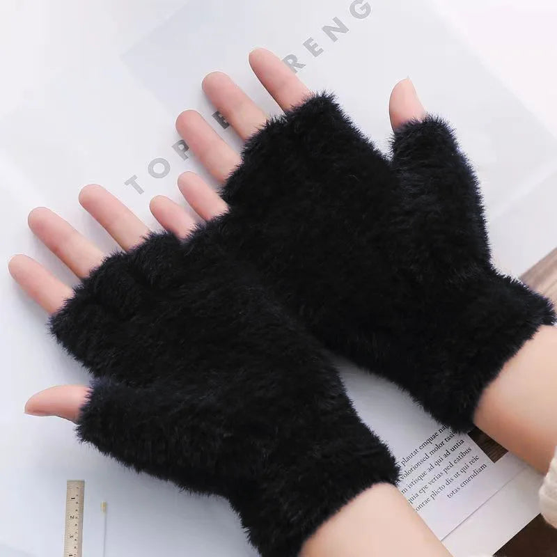 Fuzzy Gloves Women Winter Soft Warm Fashion Writing Gloves Office Typing Student Solid-Color Minimalist Ladies Half-Finger Glove
