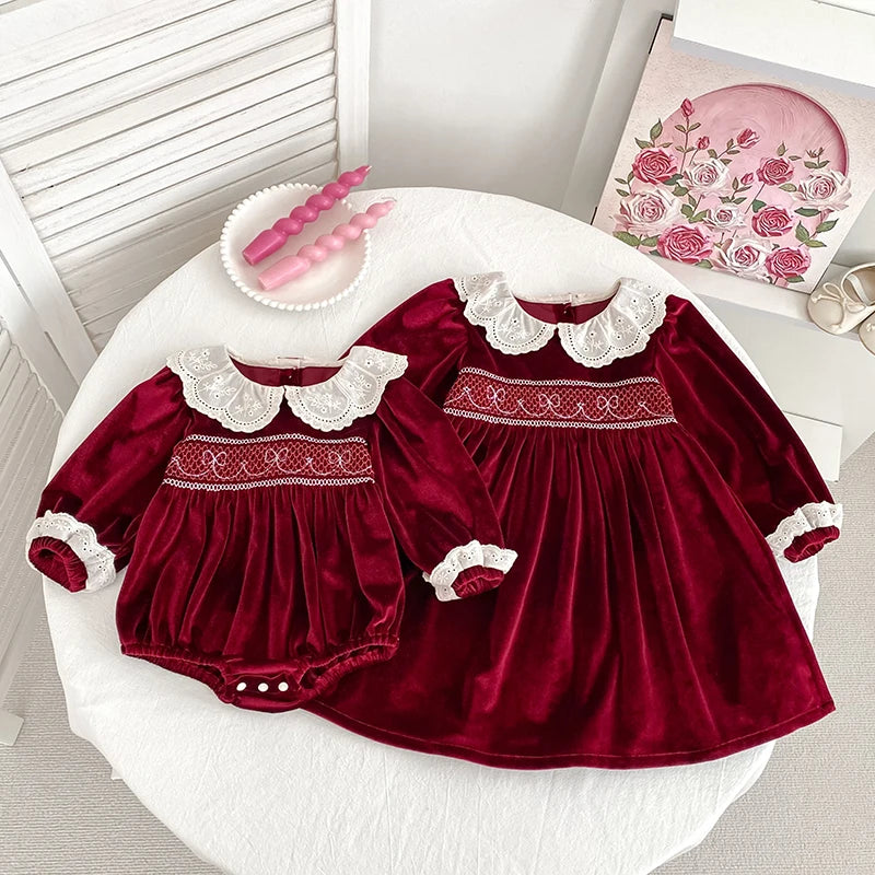 New Christmas Kids Party Dress Baby Bodysuits Sisters Clothes Autumn Sisters Girls Princess Dress Lace Red New Year Kids Clothes