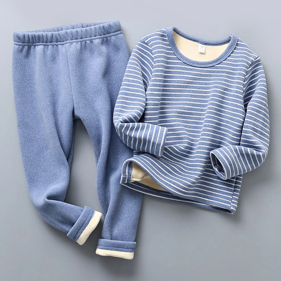 Plush Lined Kids Pajama Set Cozy Striped Winter Sleepwear Ultra Warm Soft Pajamas for Boys and Girls for Autumn and Winter