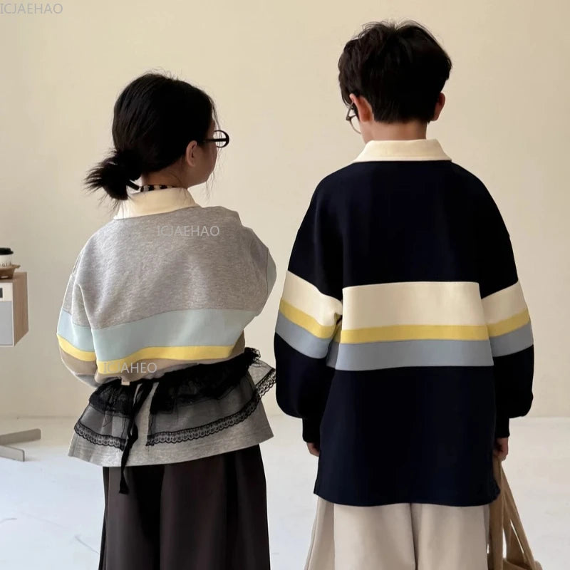 Kids Hoodie Autumn Boys Girls Children Korean Style Wide Stripes Letter Print Casual Loose Pullover Collar Sweatshirt Costume