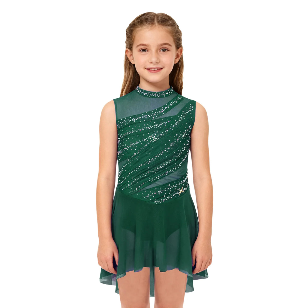 Kids Girls Lyrical Dance Dress Sleeveless Sheer Mesh Patchwork High-Low Hem Ruched Shiny Rhinestone Leotard Dress Ballet Dresses