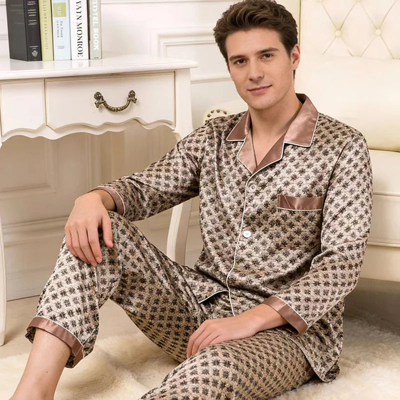 Plus Size Men's Pajamas 2PCS Sleepwear Set Fashion Print Silk Satin Trouser Pijamas Suit Spring New Male Home Clothes Loungewear