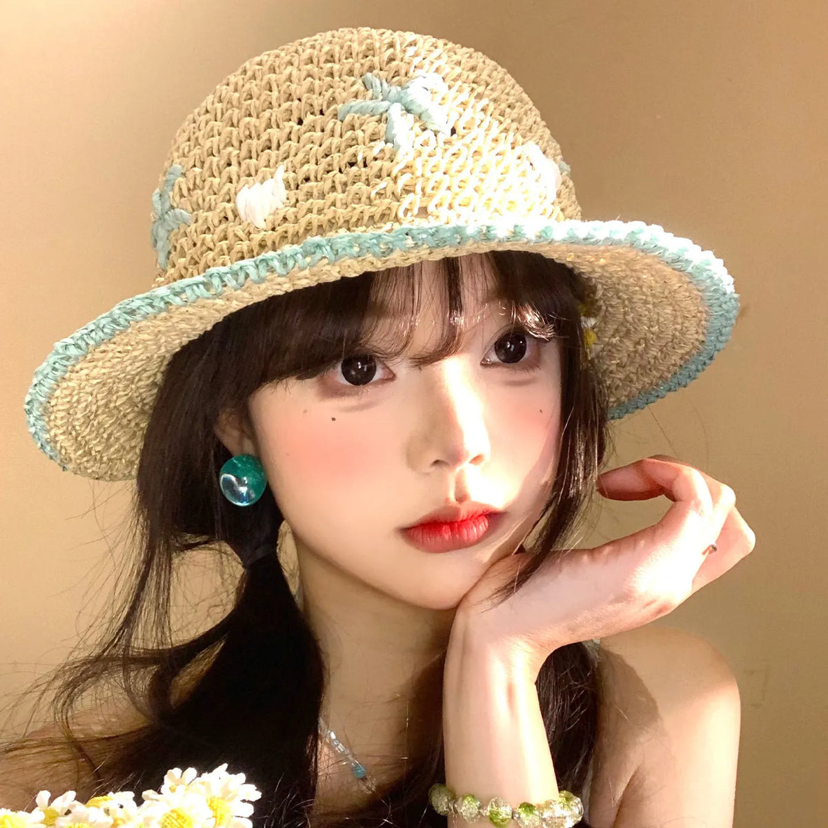 Colorful Flower Straw Hats for Women Boho Embroidered Flower Weave Hat Foldable Korean Hollow Out UV Protection Sun Cap Outdoor