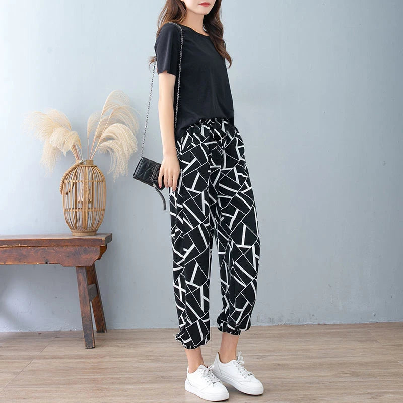Cool Summer New Silk Cotton Spwear Loose Women's Wide Leg Pants Home Wear Floral Print Heat Resistant Comfortable Casual T...