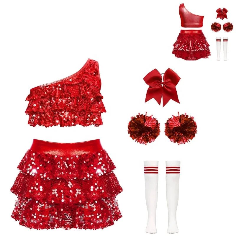4-16 Kids Girls Cheerleading Performance Outfit Crop Top With Skirted Shorts Culottes Party Competition Dance Class Theme Party