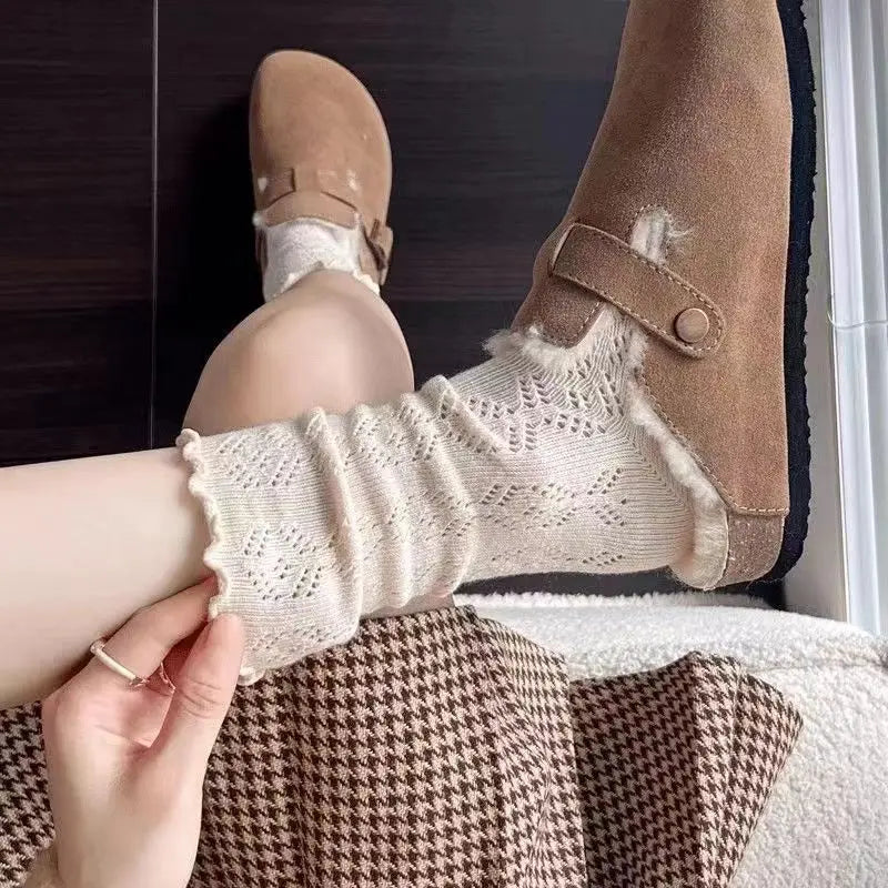 6 Pairs/lot Women's Mid-Tube Socks Hollow-Out Mesh with Flounce Trim Breathable Slouch Trendy and Versatile for Instagram Style