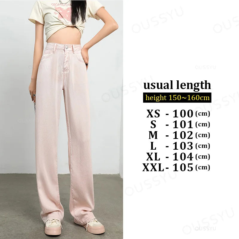 Summer Soft Lyocell Fabric Woman Jeans Loose Wide Leg Straight High Waisted Thin Pant Fashion Comfort Pink Casual Trousers