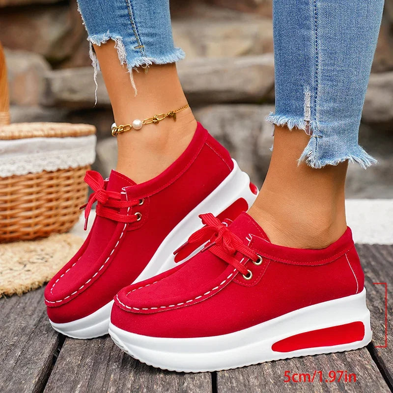 Basic Color Platform Loafers for Women 2026 Spring Light Thick Sole Wedge Sneakers Woman Plus Size Lace Up Non Slip Casual Shoes