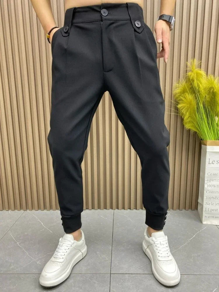 Slim Fit Plus Big Size Tressed Men's Summer Pants 9 Cropped Male Suit Trousers Korean Style Clothes Slacks 2025 Formal Luxury