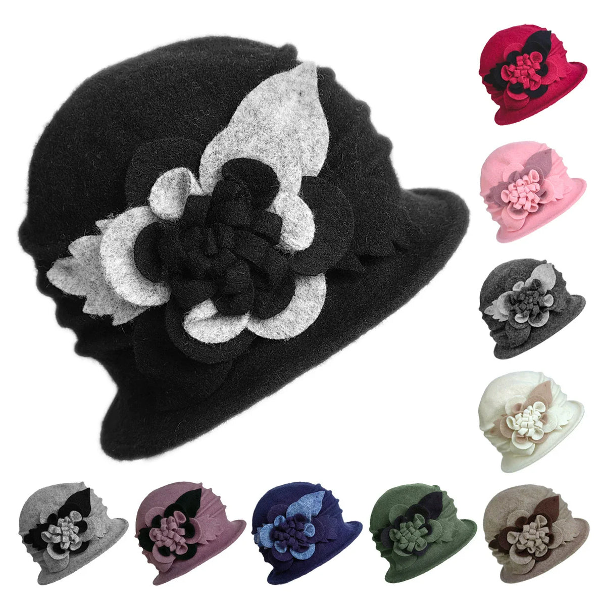 2025 Women's Autumn and Winter Wool Hat Hand-made 3D Flower Fedoras Basin Hats Hot Selling Floral Mixed Colors Wool Hats for Mom