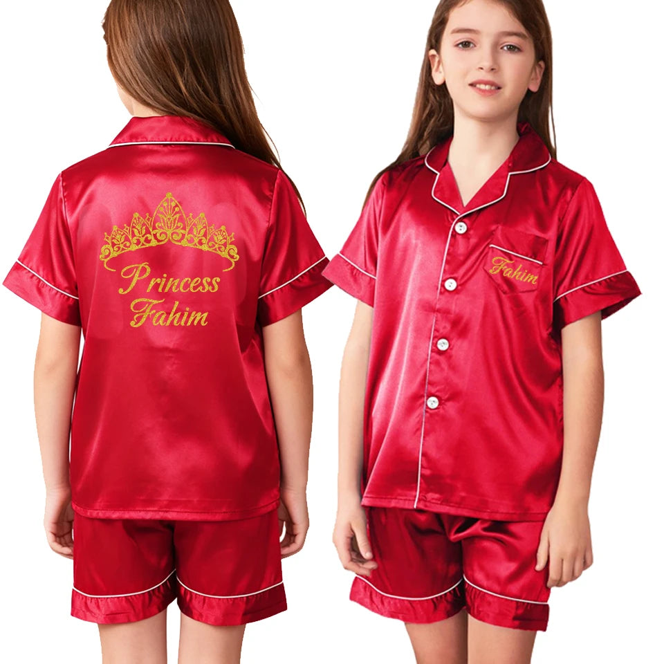 Custom Name and Date Children Pajama Silky Satin Pajamas Flower Girl Personalized Happy Birthday Pajamas Kids Princess Pajamas