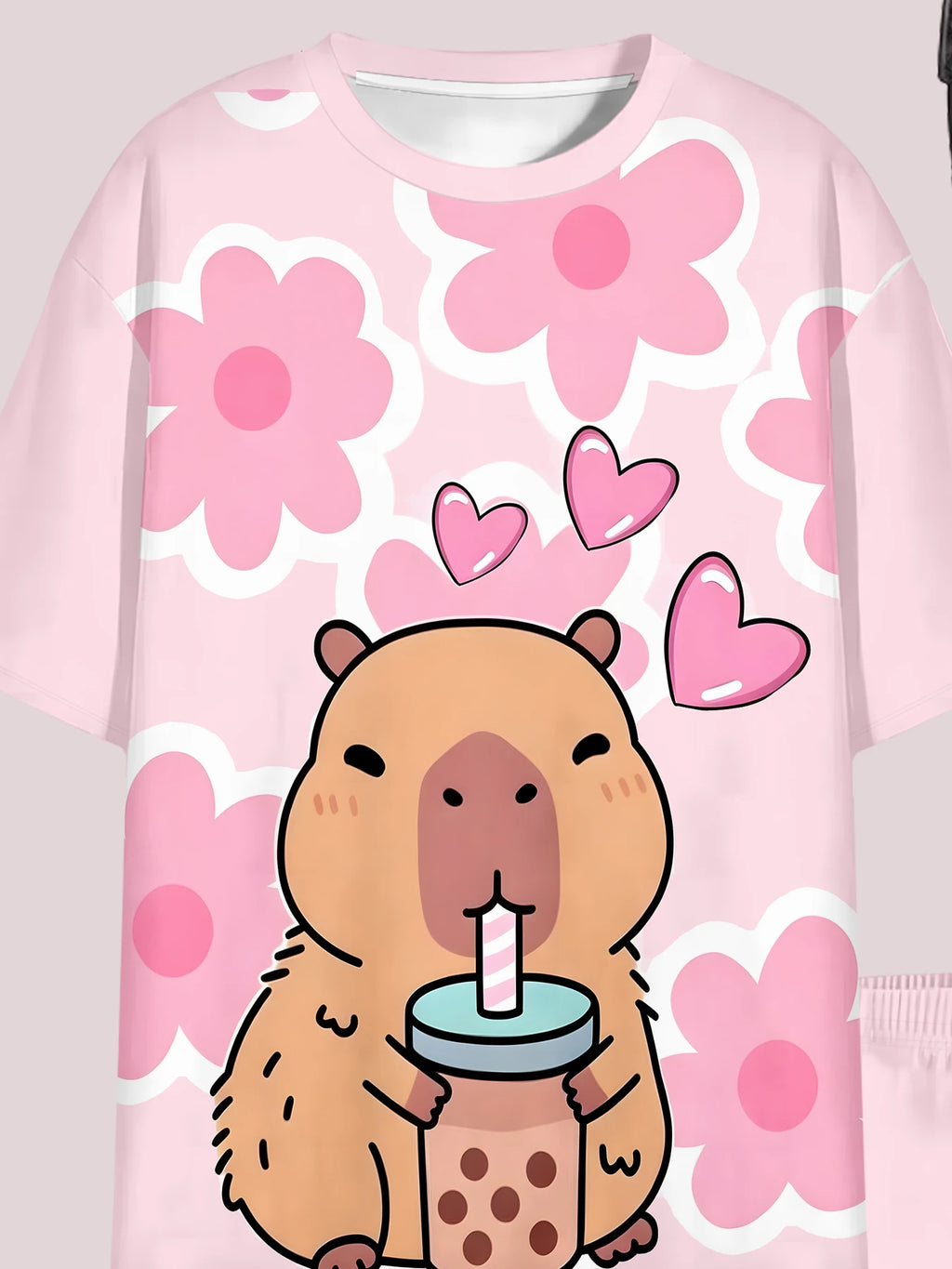 Kawaii Capybara Print Kids Pajama Set 2Pcs Girls Short Sleeve T-shirt Shorts Loungewear