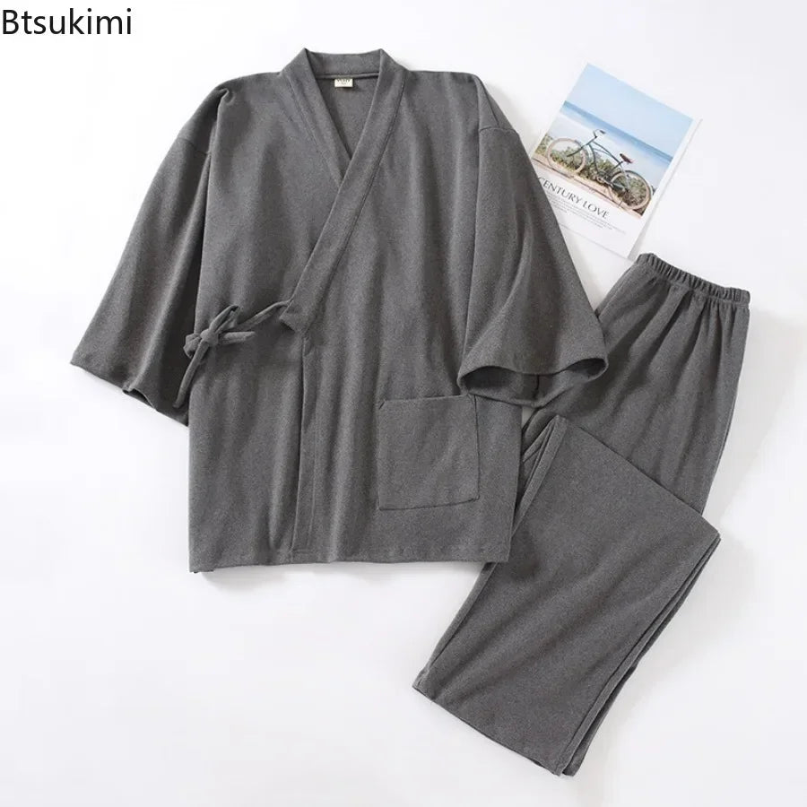 Men's Traditional Japanese Pajamas Sets Fashion Two-sided Plush Thicker Warm Housewear Men Kimono Tops and Pants Nightgown Suit