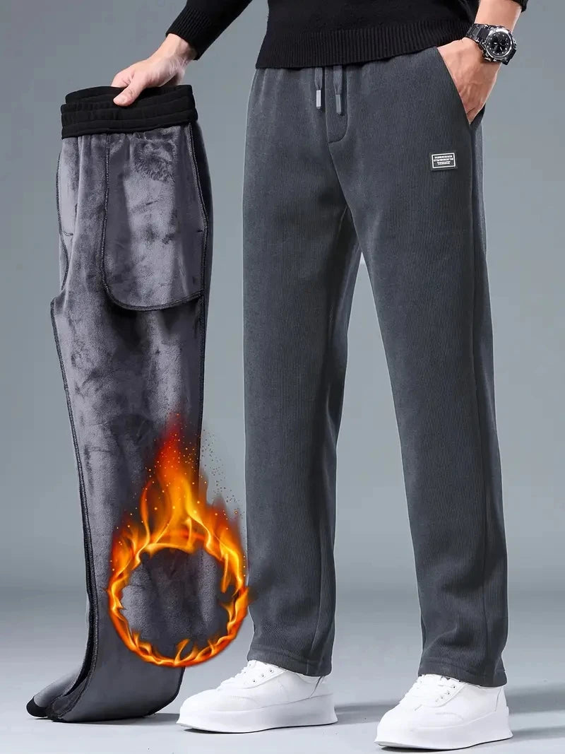 2025 Winter Corduroy Sweatpants Men Drawstring Fleece Lined Thick Warm Wide Leg Straight Casual Pants Male Loose Trousers