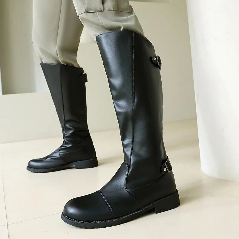 Men Knee High Boots Belt Buckle Long Boots Round Toe Thick Heel Mid-Calf Boots Fashion Motorcycle Boot Zipper Leather Men Shoes