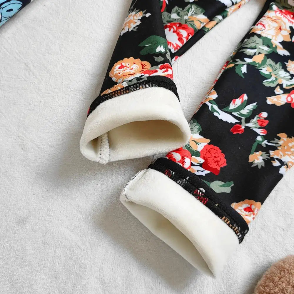 Floral Print Autumn Winter Velvet Warm Kids Pants for Girls Leggings