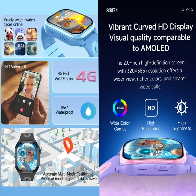 Kids 4G Smartwatch with 2.0 Inch HD Screen, 2+16GB Memory, GPS WiFi Locator, Video Call Camera, Waterproof Child Monitor Watch