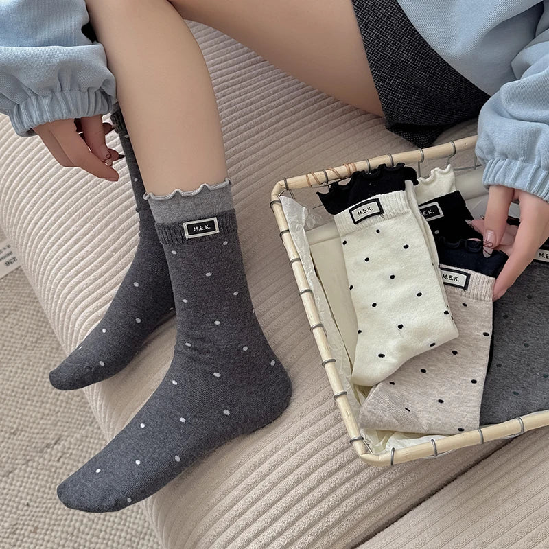 Socks For Women New Dots Cute Frilly Casual Fashion Long Socks Breathable Preppy Style Ladies Novelties Socks Cotton Soft Comfy
