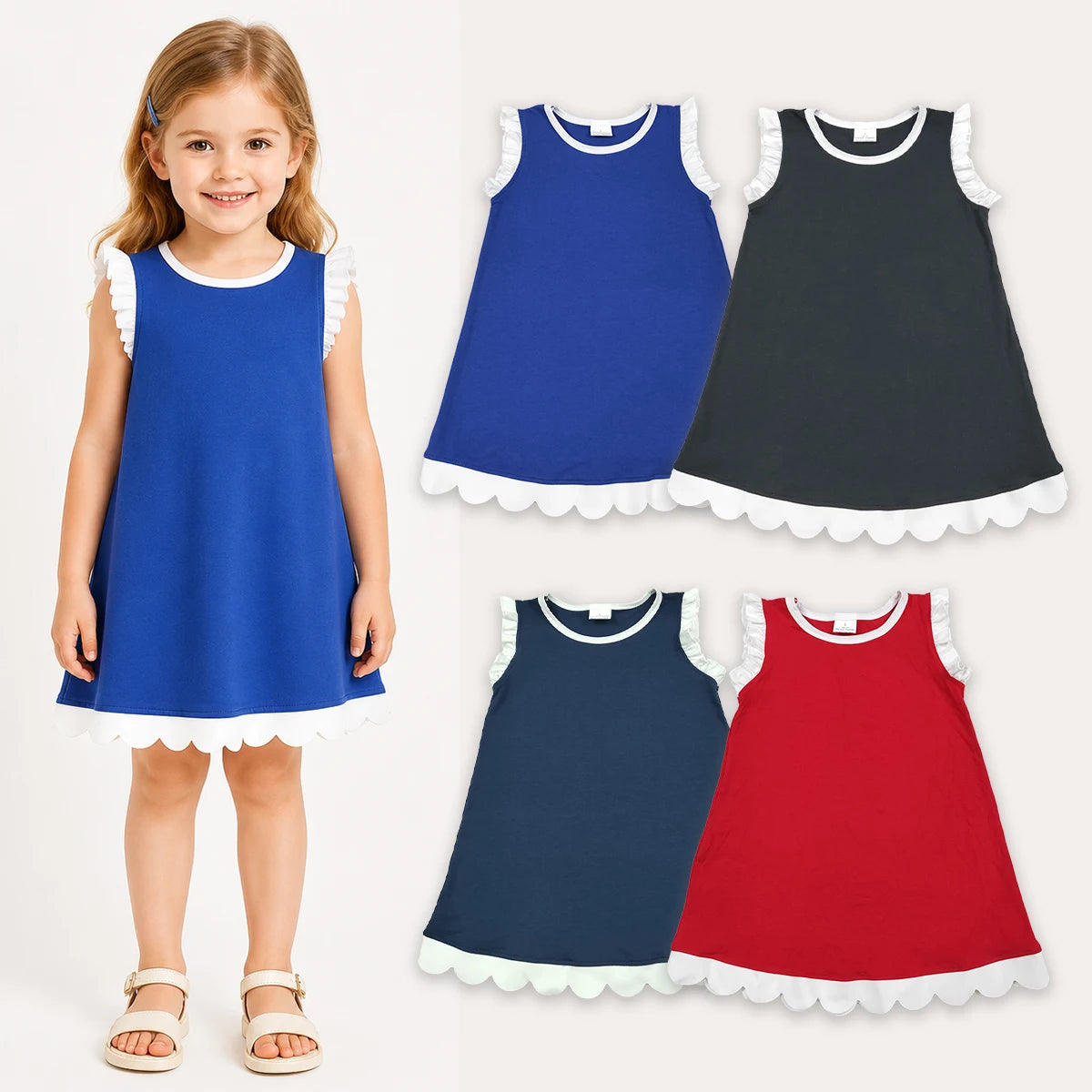 Kids Dress Clothes Baby Girls Sleeveless Fashion Comfy Scallop Knee Length Dresses Toddler Boutique Children Clothing Wholesale