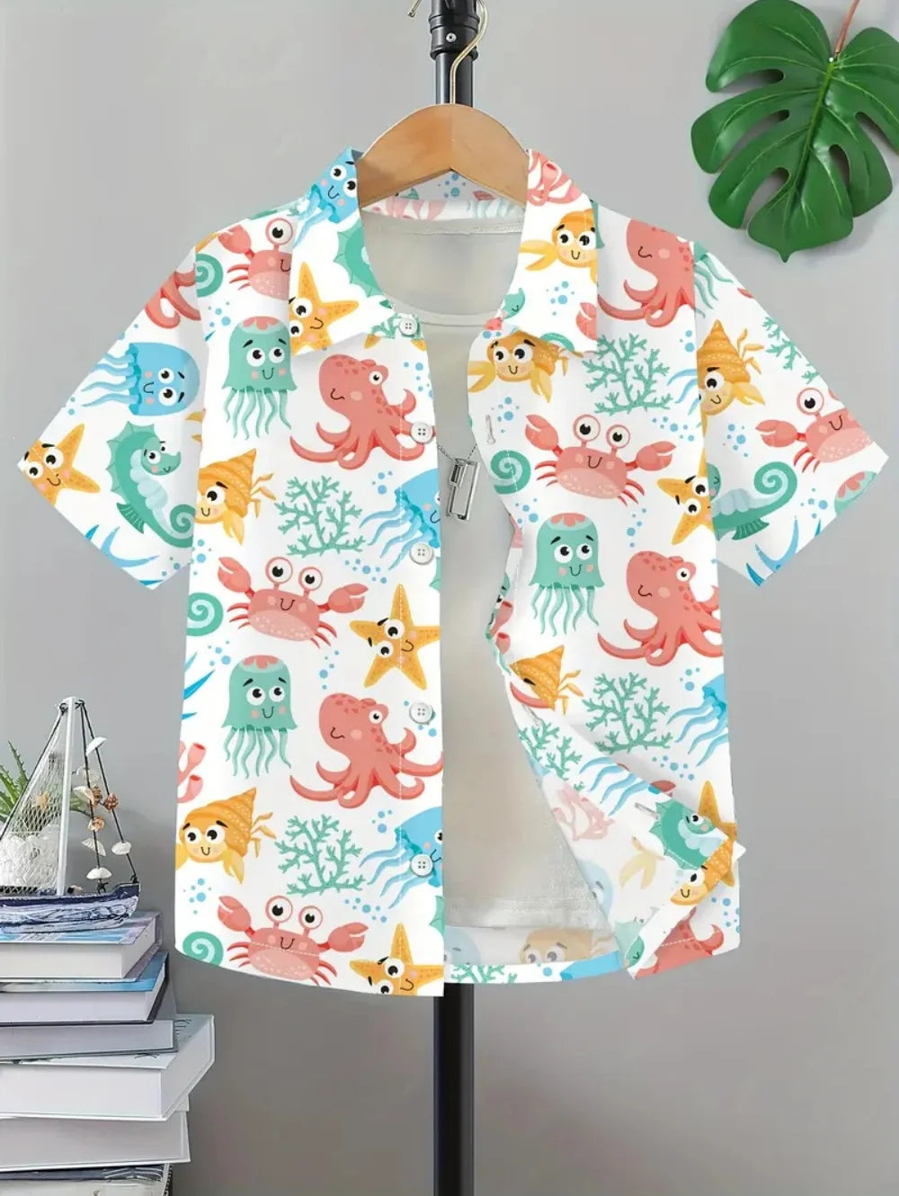 Kid's Boys Top Fashion Personality Print Pattern Stand-Up Collar Short Sleeved Shirt Summer Clothes for Children Boy's 3-9 Years