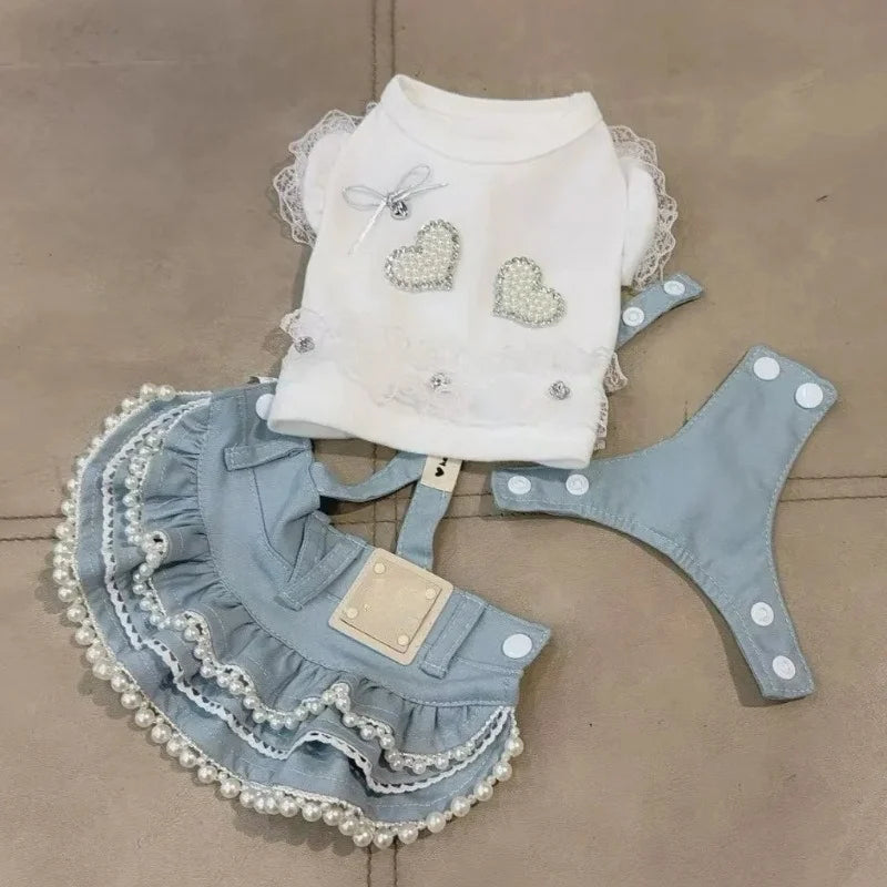 Pet Clothes For Small Dogs Cats, Puff Sleeve Lace Blouse Denim Skirt Cute Puppy Kitten Daily Outfit