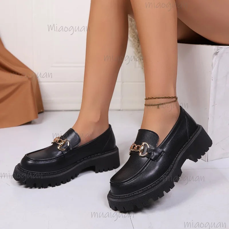 Fashion Metal Decoration Black Loafers Shoes for Women Non Slip Platform Casual Shoes Slip-on Office Ladies Footwear Size 35-43