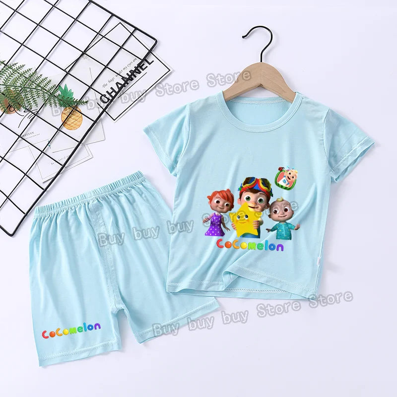 Cocomelons Pajamas Suit Kids Boys Girls Nighty Wears Cool Summer Loungewear Short Sleeve T-shirt Shorts 2pcs Soft Birthday Gift